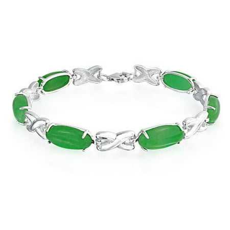 Stunning Green Jade Bracelet - 925 Silver Oval Green Jade Hugs and Kisses XO Link Bracelet 7.5in