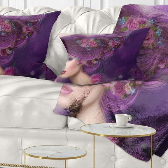 Designart Woman with Purple Hair - Abstract Portrait Throw Pillow - 12x20