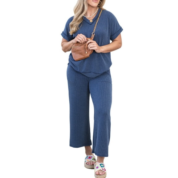 Plus Size Sail Blue Ribbed V Neck Tee and High Waist Pants Set for Women | [ZhiHiMeRi] | (US 14W-16W)1X
