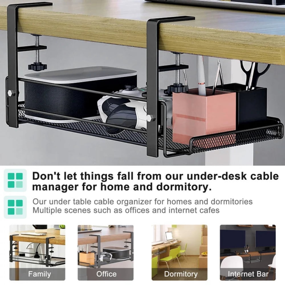 Under Desk Cable Management Tray Carbon Steel No Drill with Clamps Desk Wire Organizers Tray Cable Management Storage Tray