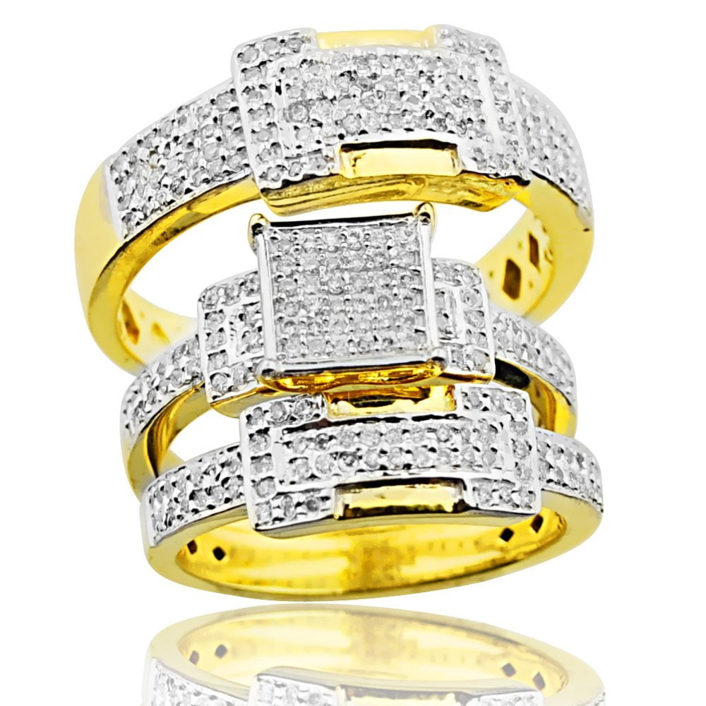 Midwest Jewellery 14K Gold Trio Set His and Her Rings 1.00ctw Diamond 3pc Set 21mm Wide(i2/i3, i/j)