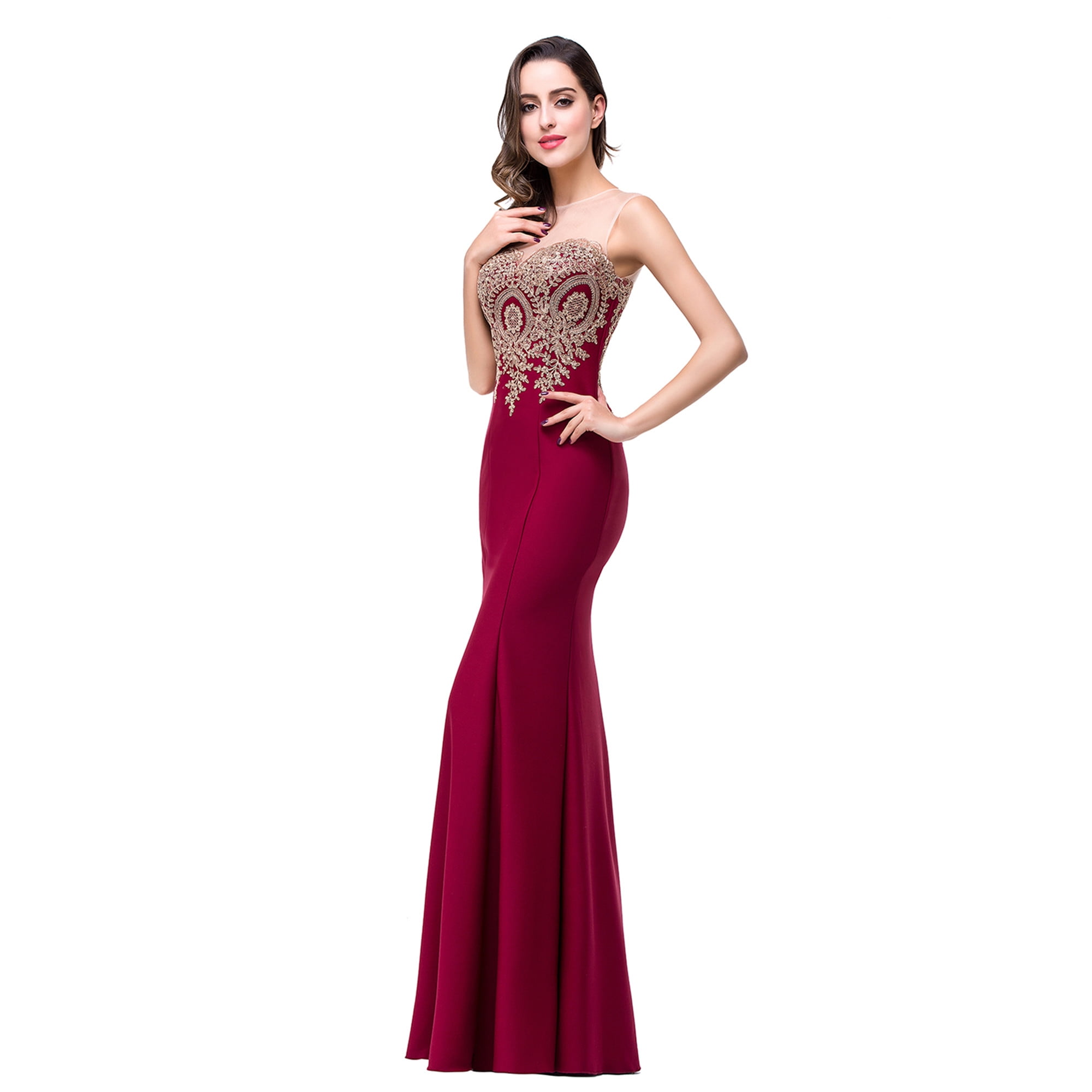 Burgundy and gold top mermaid prom dress