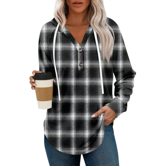 Resicozy Plaid Hoodies for Women V Neck Oversized Hooded Pullover Sweatshirts Casual Fashion Button Down Long Sleeve Shirts Black M