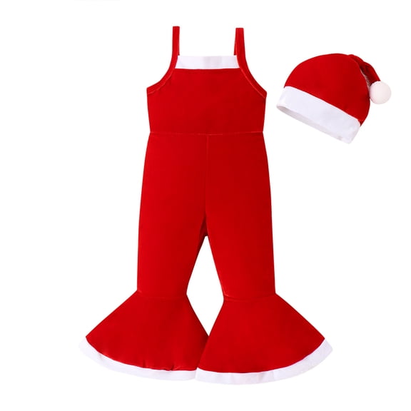 LYMAYTER Kids Girls One-Piece Flare Pants Toddler Velvet Strap Flare Leggings Christmas Hat for 3-7 Years