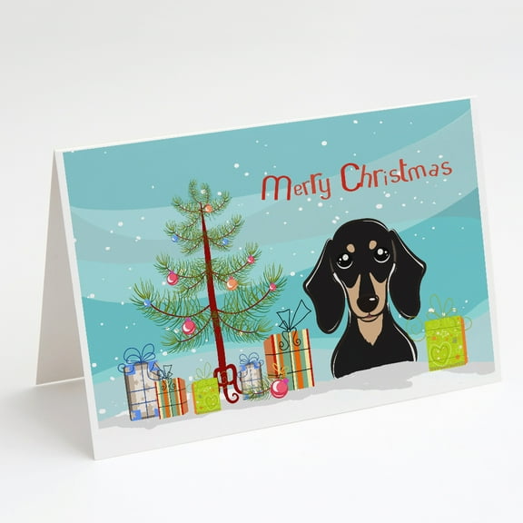 Christmas Tree and Smooth Black and Tan Dachshund Greeting Cards and Envelopes Pack of 8