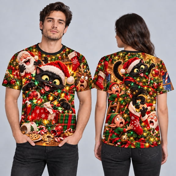 MOVAAX Funny Black Cat Christmas Tree Chaos 3D-Effect T-Shirt, Unisex Holiday Tee