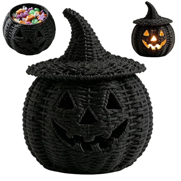 Halloween Woven Seagrass Pumpkin For Spooky Halloween Candy Storage And Home Decor, Black Handcrafted Witch Hat Woven Seagrass Pumpkin For Festive Parties, Premium Decorative Woven Seagrass Pumpkin
