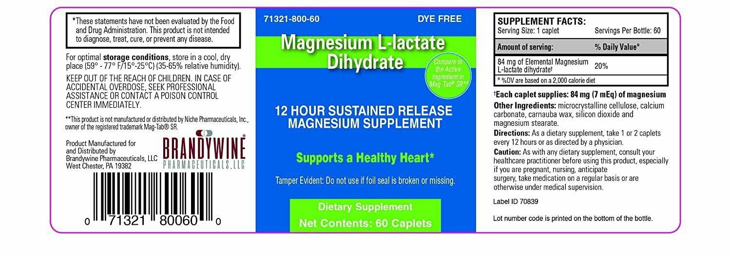Brandywine Magnesium L-lactate Dihydrate 84mg Caplet, 60 Ct