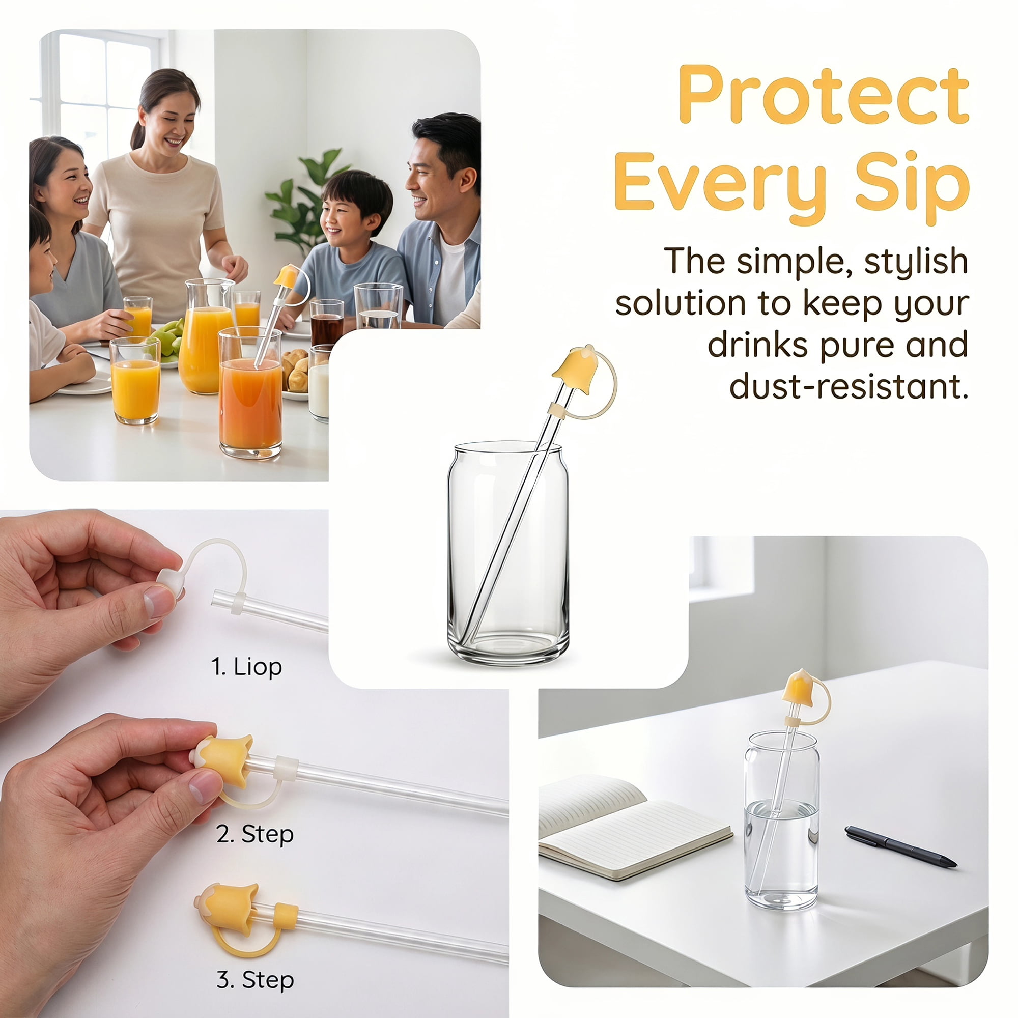 Unique Bargains 2Pcs Silicone Straw Caps Reusable Dust-Proof Toppers Light Yellow