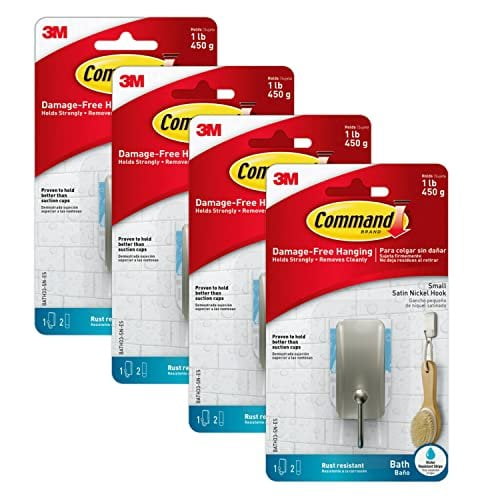 Command BATH33-SN-ES Bath Hooks, Satin Nickel, 4 Count