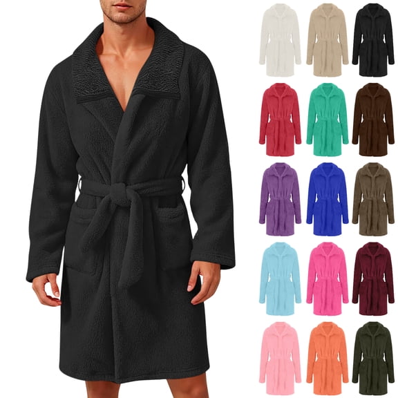 Asxite Plus Size Mens Robe Solid Double Face Fleece Notch Lapel Long Sleeve Pocket Wrap Casual Bathrobe