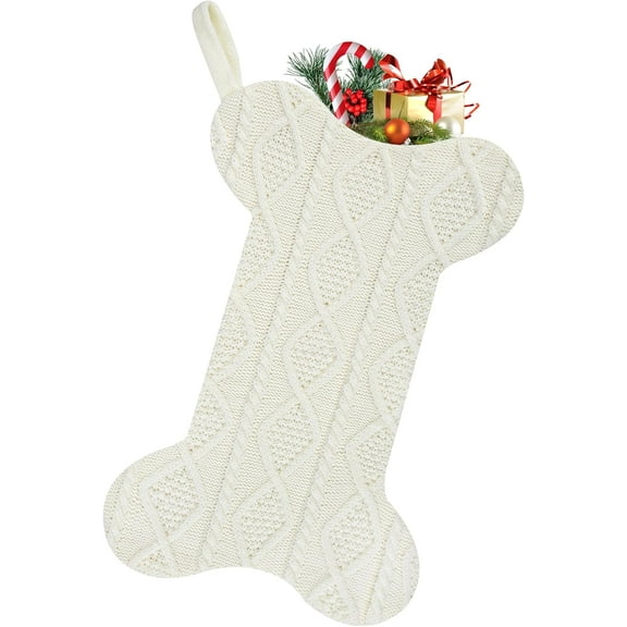 ‌Large 16.4" Knit Dog Christmas Stocking - Bone Shaped Pet Holiday Decor with Hanging Loop, Super Soft Cable Knit Xmas Stockings for Pets & Family Décor‌