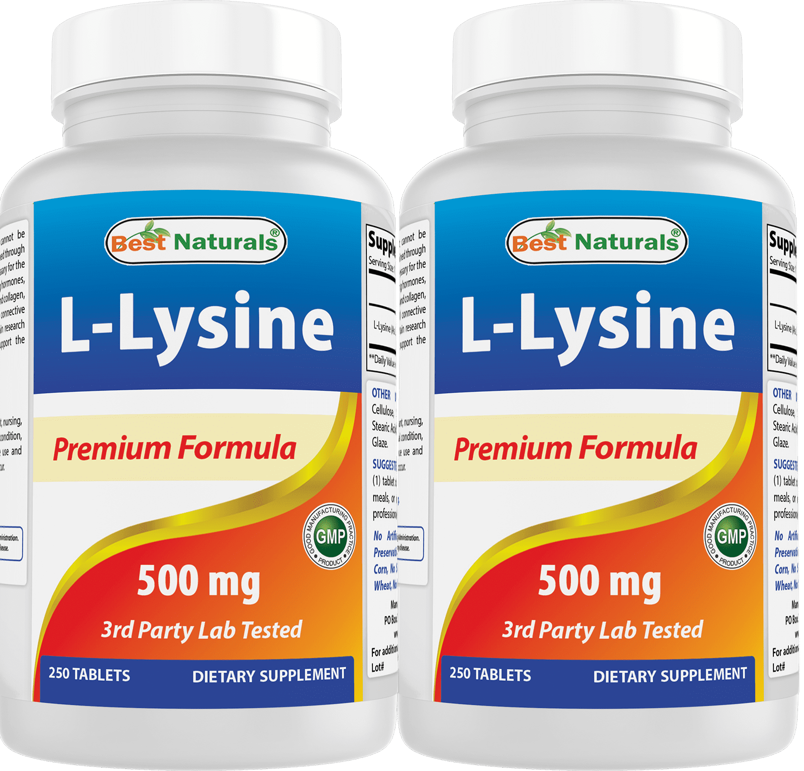 2 Pack Best Naturals L-Lysine 500 mg 250 Tablets