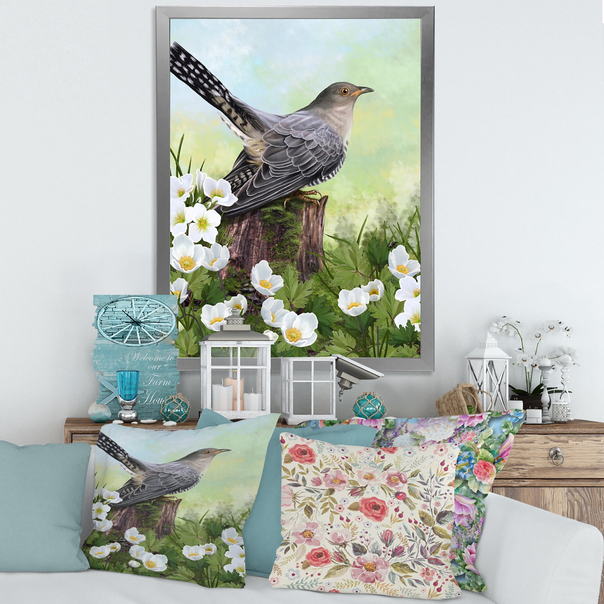 Designart 'Cuckoo Bird On An Old Stump and White Flowers' Traditional Framed Art Print