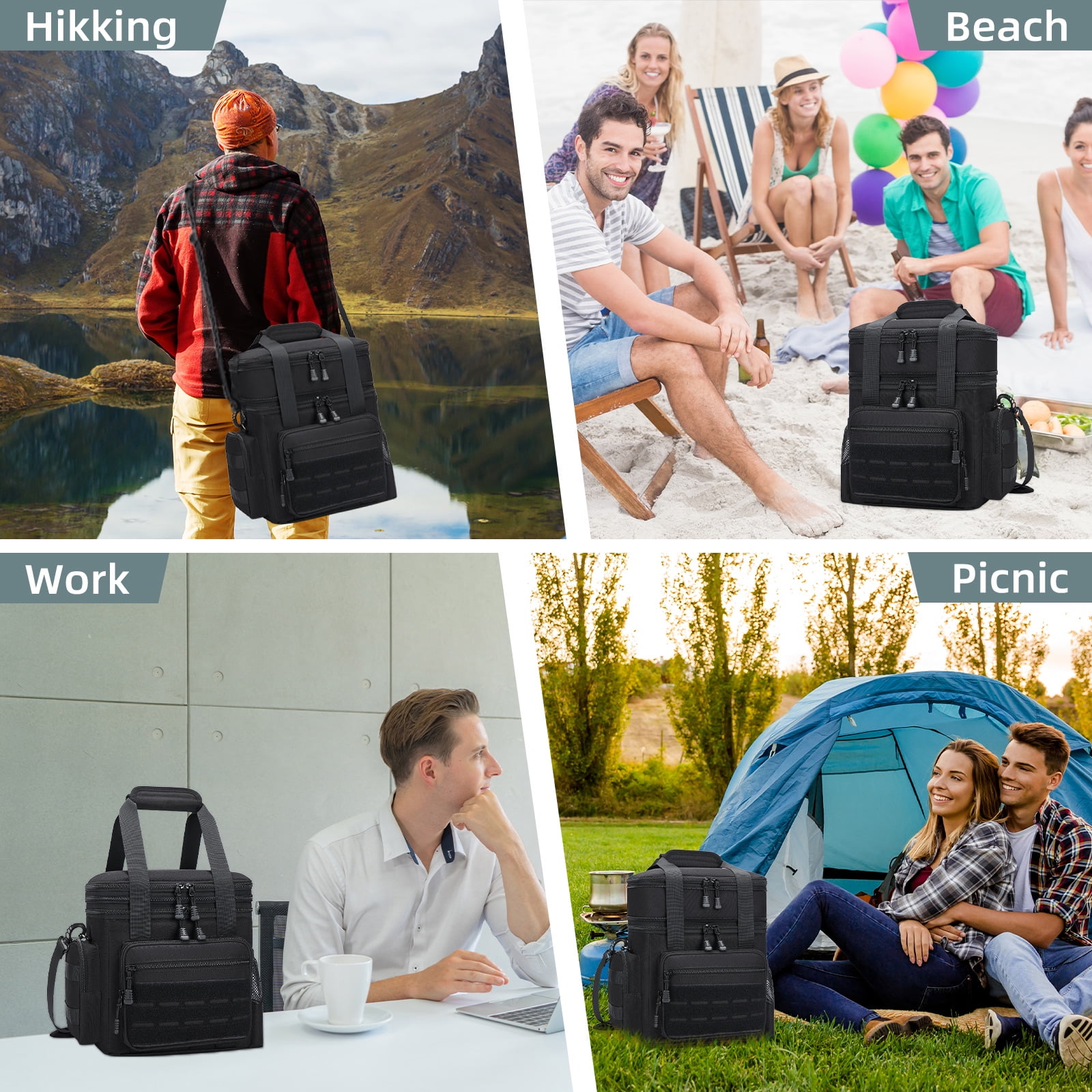 Holuxer Insulated Tactical Lunch Box for Men, 24 Can Double Deck Expandable Lunch Bag for Work Travel Daytrip Picnic Camping, Large Fashion Cooler Bags with Adjustable Shoulder Strap Organizer Black