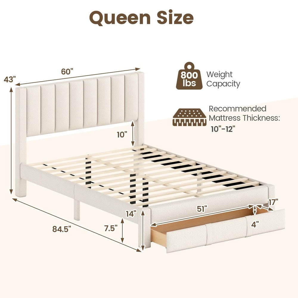 Barara King Queen Size Bedroom Bed Frame with Storage Drawer and Vertical Channel Headboard, Bed Platform Frame for Bedroom, Apartment, Beige