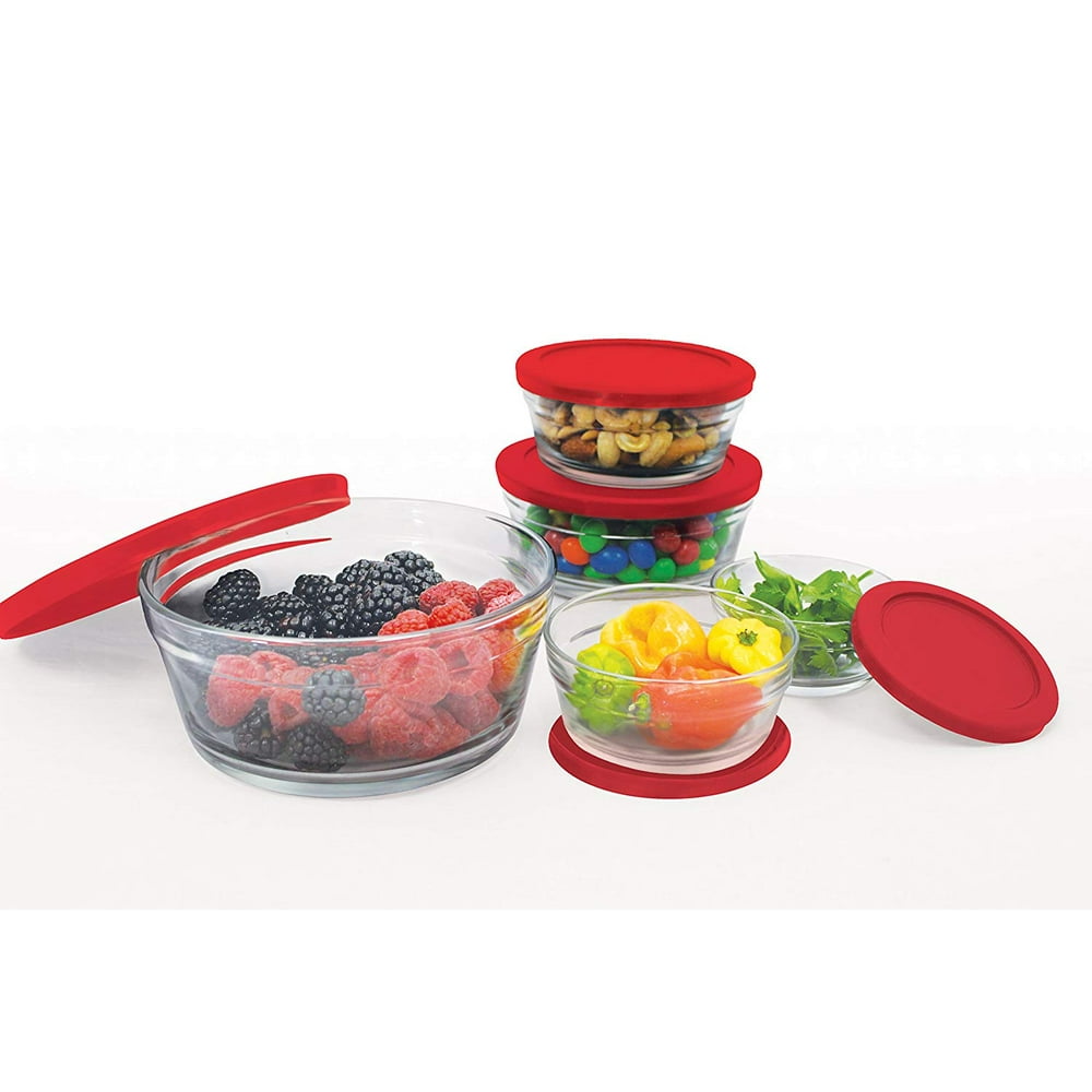 Farberware 10 Piece Glass Food Storage Bowl Set with Airtight Lids, Red
