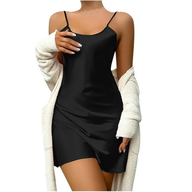 FAIWAD Robe Satinée pour Femme Sans Manches à Bretelles, Robe de Nuit Drapée, Robe Dos Nu, Mini Robe de Nuit