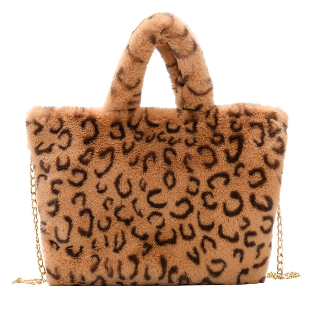 Fashion Leopard Crossbody Handbag Women Plush Casual Tote Shoulder Messenger Bag 