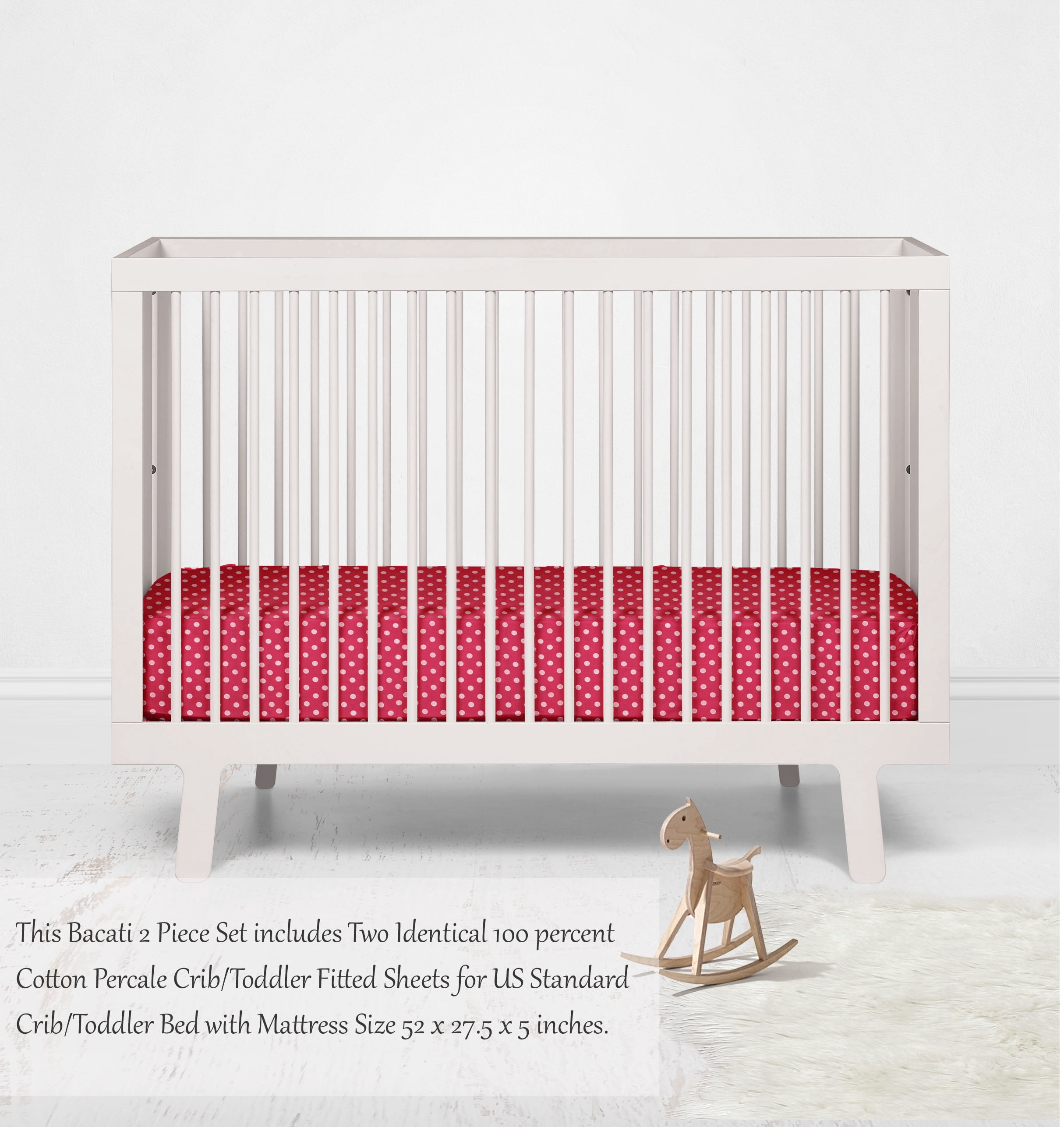 Bacati - MixNMatch Pin Dots Crib/Toddler Bed Sheets 100% Cotton Percale, Red, 2-Pack