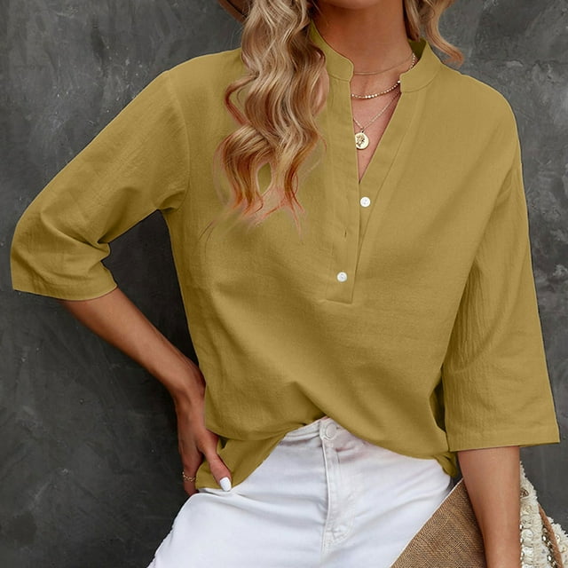 AherBiu Shirts for Women 3/4 Sleeve Button Linen Lightweight Blouses Fall Solid Color Beach Casual Pullover