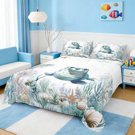Manfei Watercolor Cute Seal Underwater Coral Seashell Full Size Sheets for Kids Boys and Girls Nautical Marine Life Print Bed Sheets 4 Pieces 1 Flat Sheet 1 Fitted Sheet and 2 Pillowcases