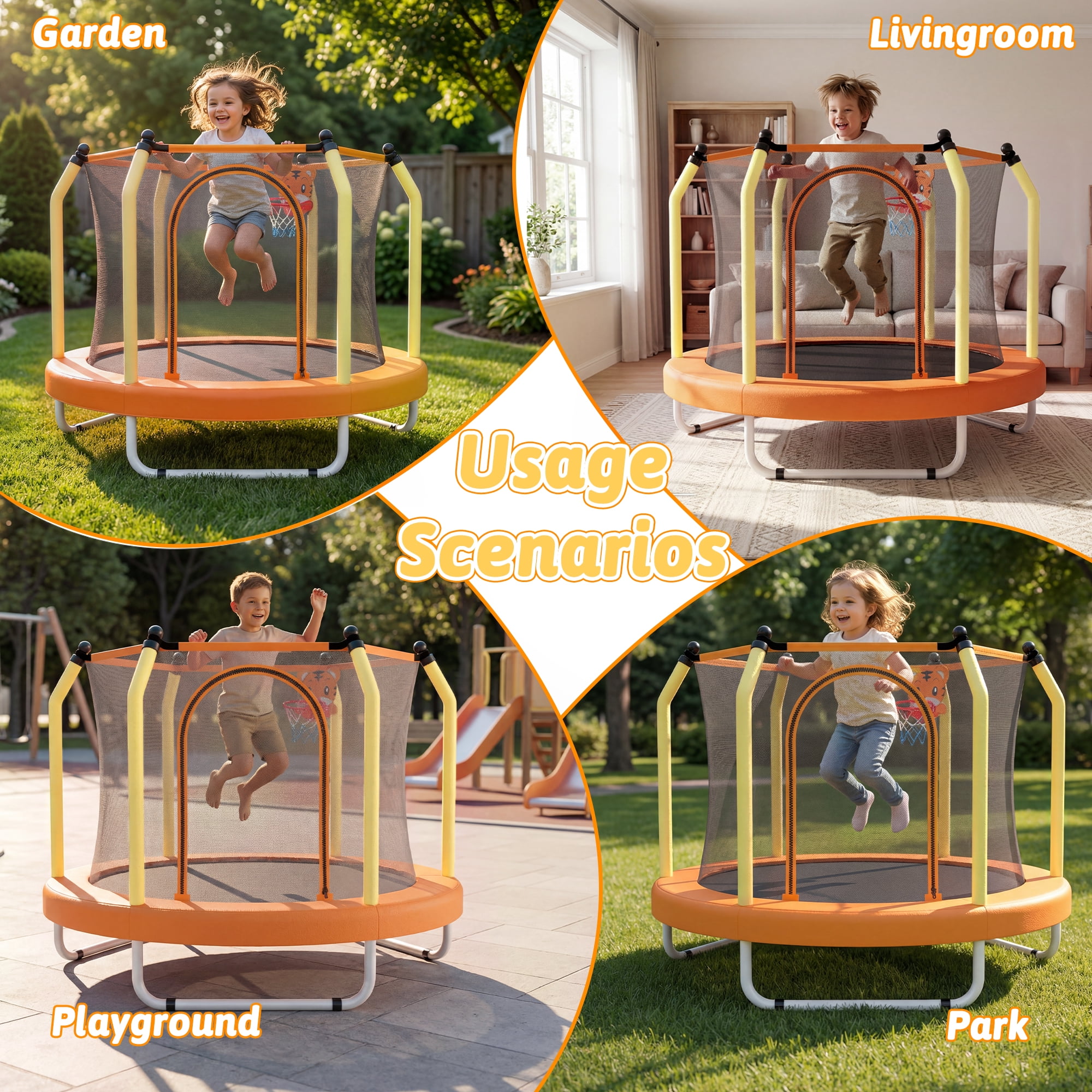 Mersco 55inch Kids Trampoline for Toddlers,Indoor and Outdor Trampoline with Safety Net, Mini Small Children Trampolines with Basketball  Hoop,Toddler Trampoline Birthday Gifts for Boys Girls, Orange