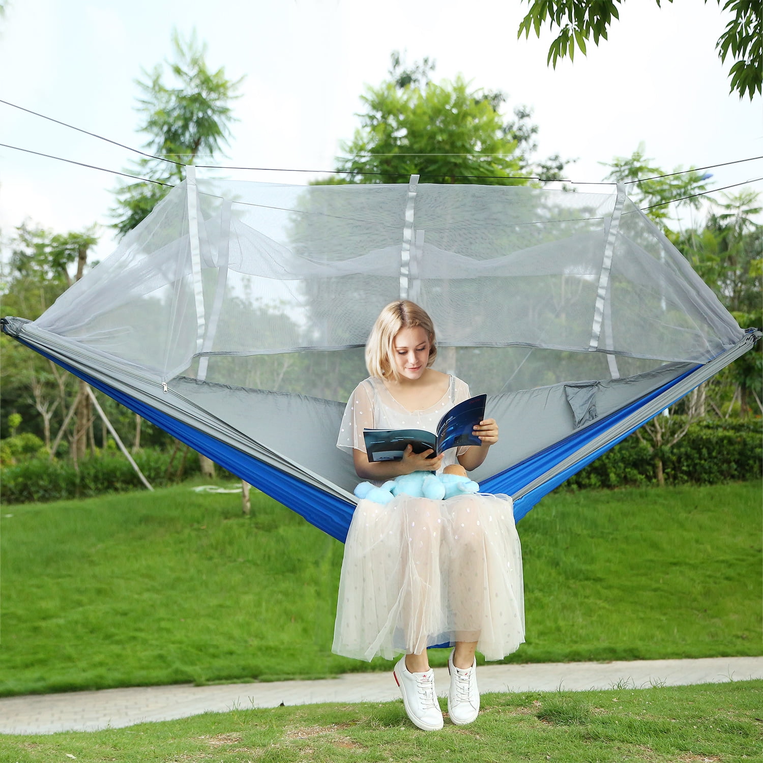 Camping Hammock, Portable Double Hammock with Net, 600lbs Load 2 Persons Hammock w/Mosquito Net Outdoor Hiking Camping Hommock Portable Nylon Swing Hanging Bed w/ Strap Hook Carry Bag