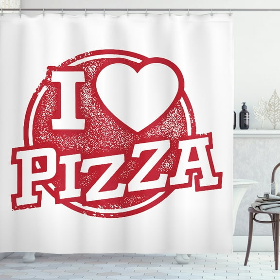 Ambesonne Saying Shower Curtain, Grunge Love Pizza Lettering, 69"Wx70"L, Vermilion and White