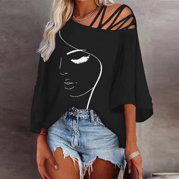 Womens Graphic T Shirts Off Shoulder Crew Neck Short Sleeve Loose Fit Stylish Print Breathable Tops for Everyday Wear Graphic Tees for Women Black L