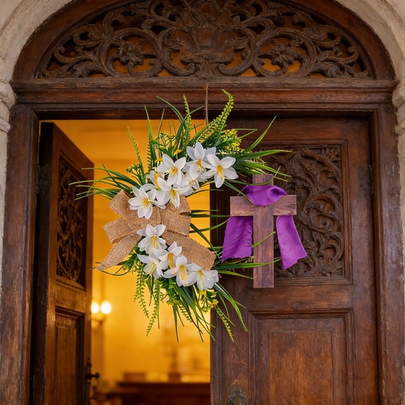Easter Wreath with Cross 14" Flower White Lilies Crucifix Wreath,Easter Front Door Hanging Decoration