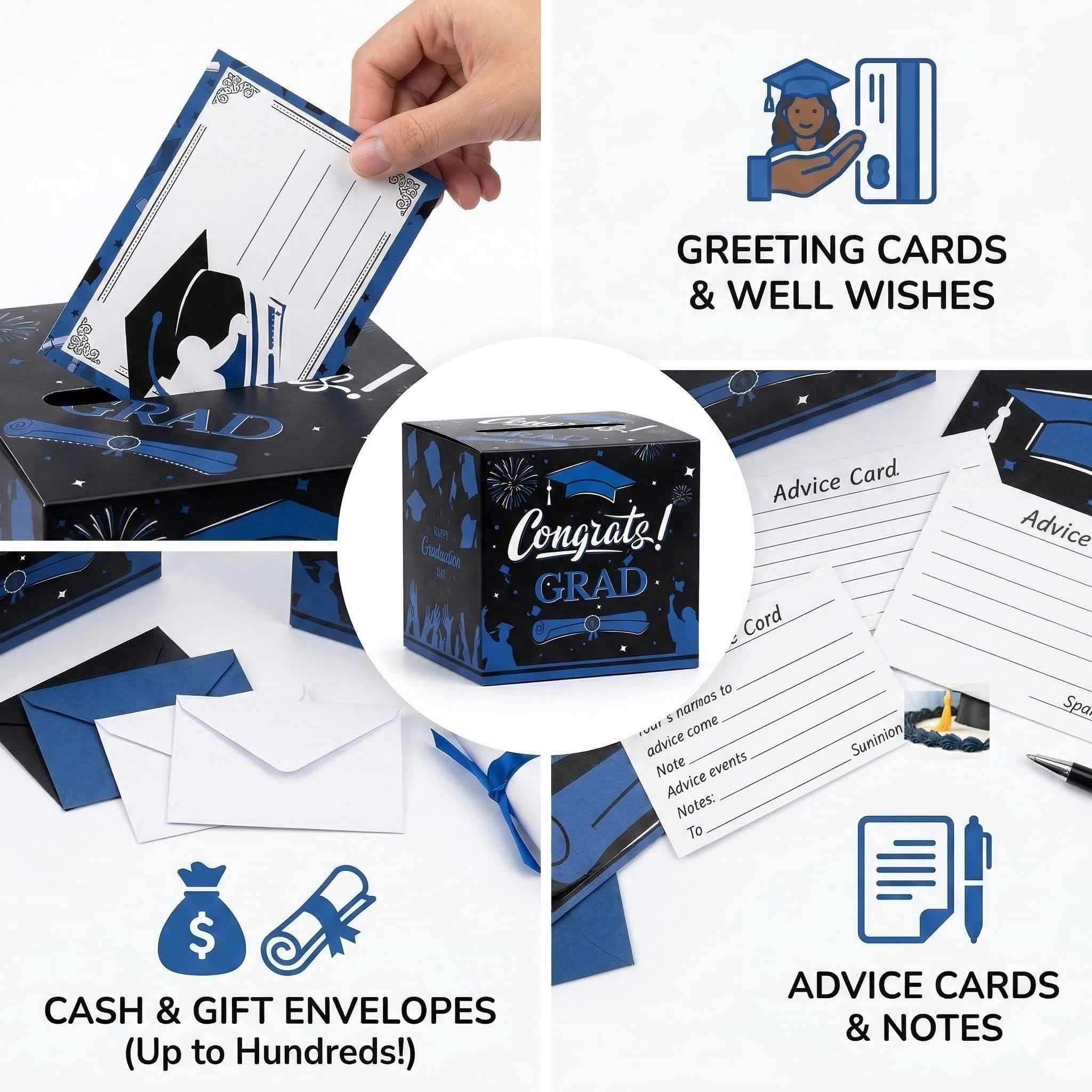 Blue Graduation Card Box, Folding Money and Greeting Stationery for Ceremony, 1 Count