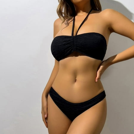 Ayolanni Black Bikini Underwear for Women Tie Halter Padded Separate Solid Two-Piece Sets Swimsuits for Large Juniors L