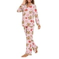 thumbnail image 3 of Garronmavis Capybara Strawberry Cute Pajamas for Women Long Sleeve Button Down Loungewear V Neck Sleep Shirt & Pants Set Holiday Themed Print Sleepwear, Pink, 3 of 7