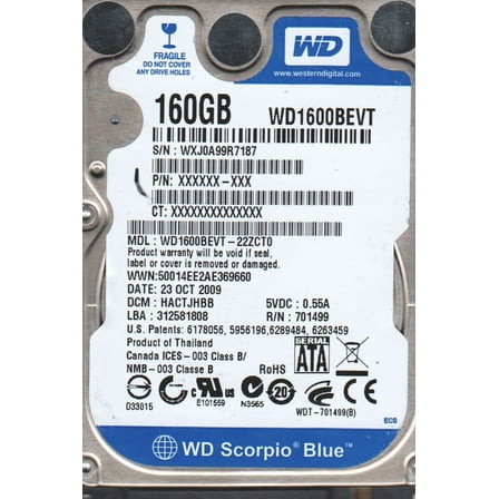 WD1600BEVT-22ZCT0, DCM HACTJHBB, Western Digital 160GB SATA 2.5 Hard Drive