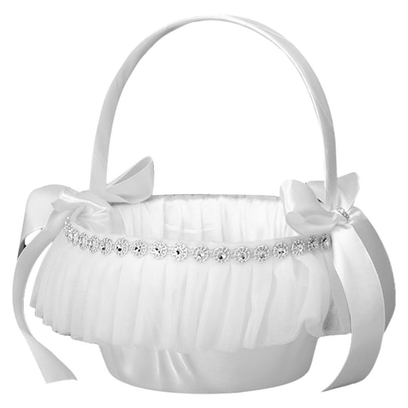 Rustic Raindrops Flower Girl Basket with Bow Lace and Rhinestone Accents, Perfect Wedding Bridesmaid Favor