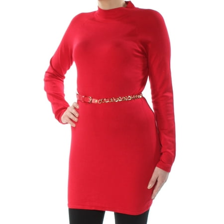 - INC Womens Red Belted Long Sleeve Crew Neck Tunic Evening Sweater Size: S