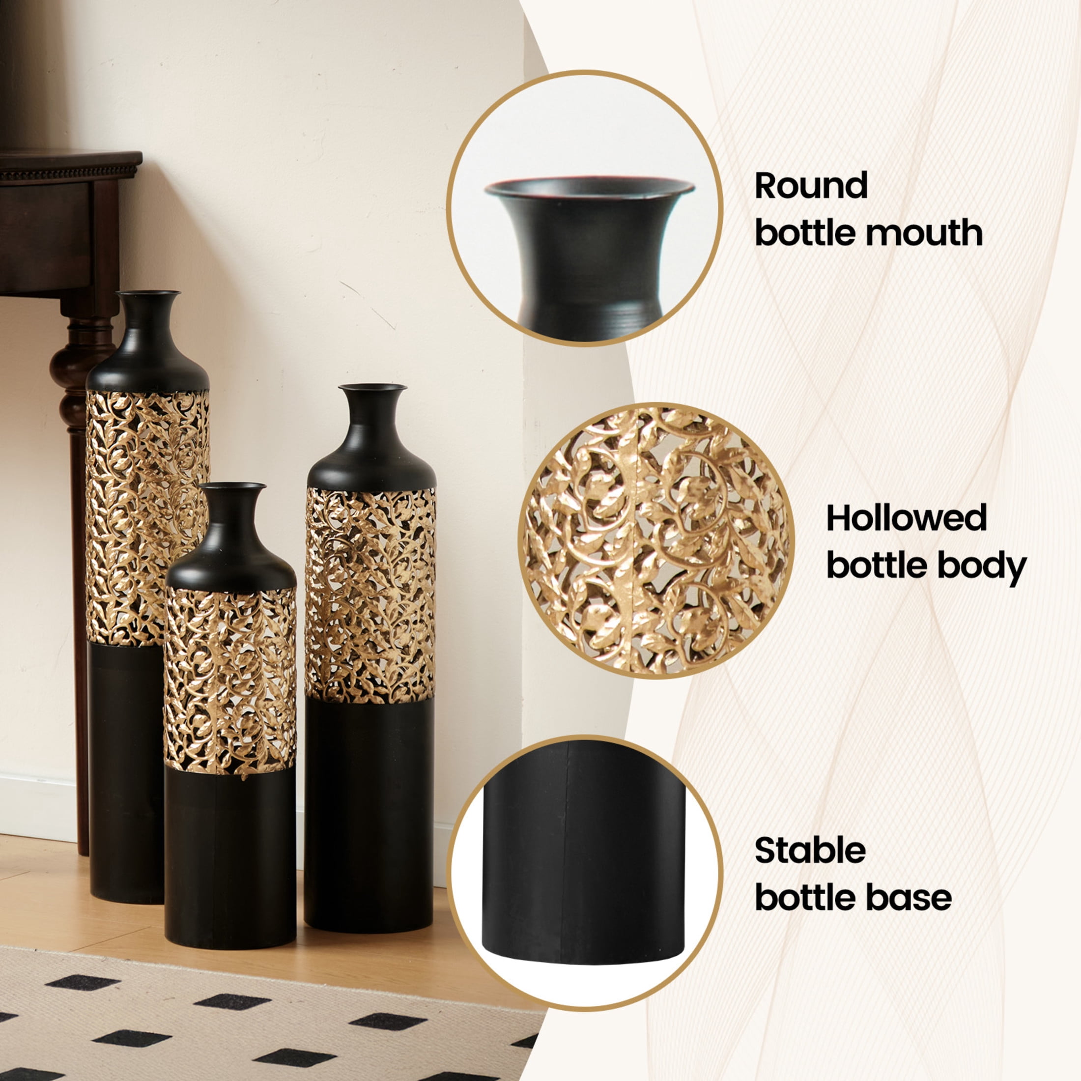 Noble House 20.8", 24.8", 28.7" Metal Floor Vase Set of 3, Cutout Geometric Vases, Black+Gold