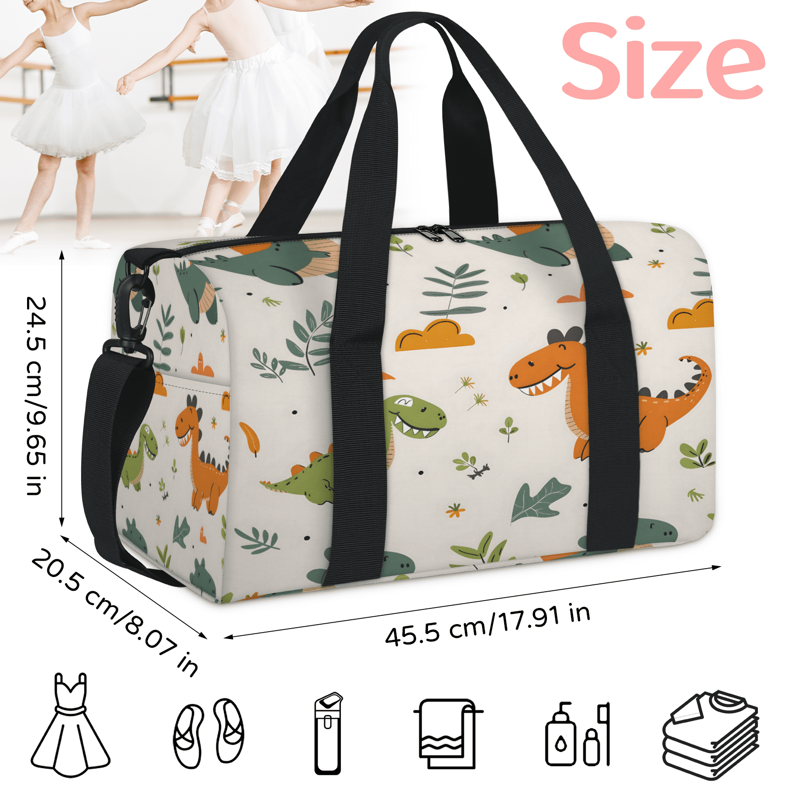 Herdesigns Dinosaur Cute Animal Gym Bag for Women, Duffle Bag for Travel Sport, Lightweight Waterproof Carry on Weekender Overnight Dance Yoga Workout Bags