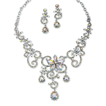 - Swirl and Flower Aurora Borealis Crystal Necklace and Drop Earrings Set Platinum-Plated 18