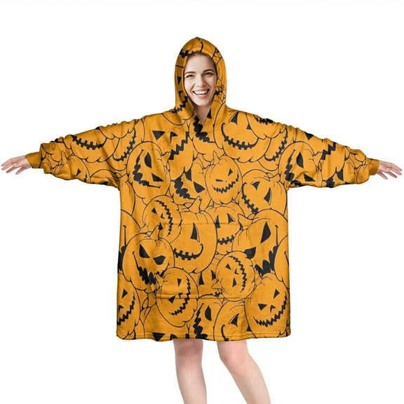 Wearable Oversized Blanket,Halloween Pumpkin Pattern Wearable Blanket Hoodie for Adults,Cozy Hooded Blankets with Super Pockets,Super Warm Fuzzy Pullover for Women & Men