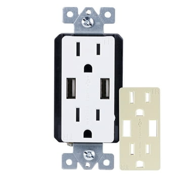 GE UltraPro 2-Outlet, 2-USB In-Wall Receptacle, White/Light Almond - 40405