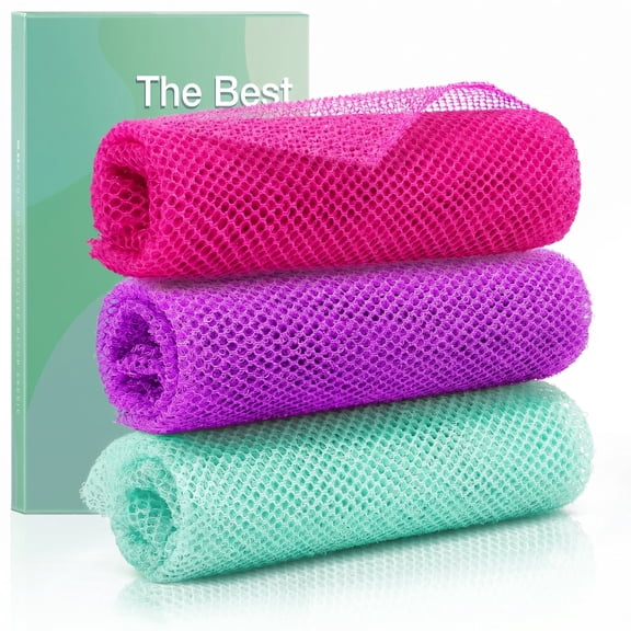 VOTUYB 3 Pieces African Net Sponge Exfoliating Bath Sponge for Deep Cleansing, Reusable Body Scrubber for Shower, Suitable for All Skin Types Men & Women(Green, Pink, Purple)