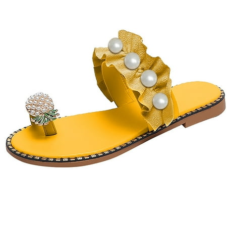 

ZIZOCWA Women Pearl Pineapple Flat Flip Flops 2023 Ruffle Leather Non-Slip Beach Sandals Slippers Boho Style Vacation Summer Sandals Yellow Size7.5