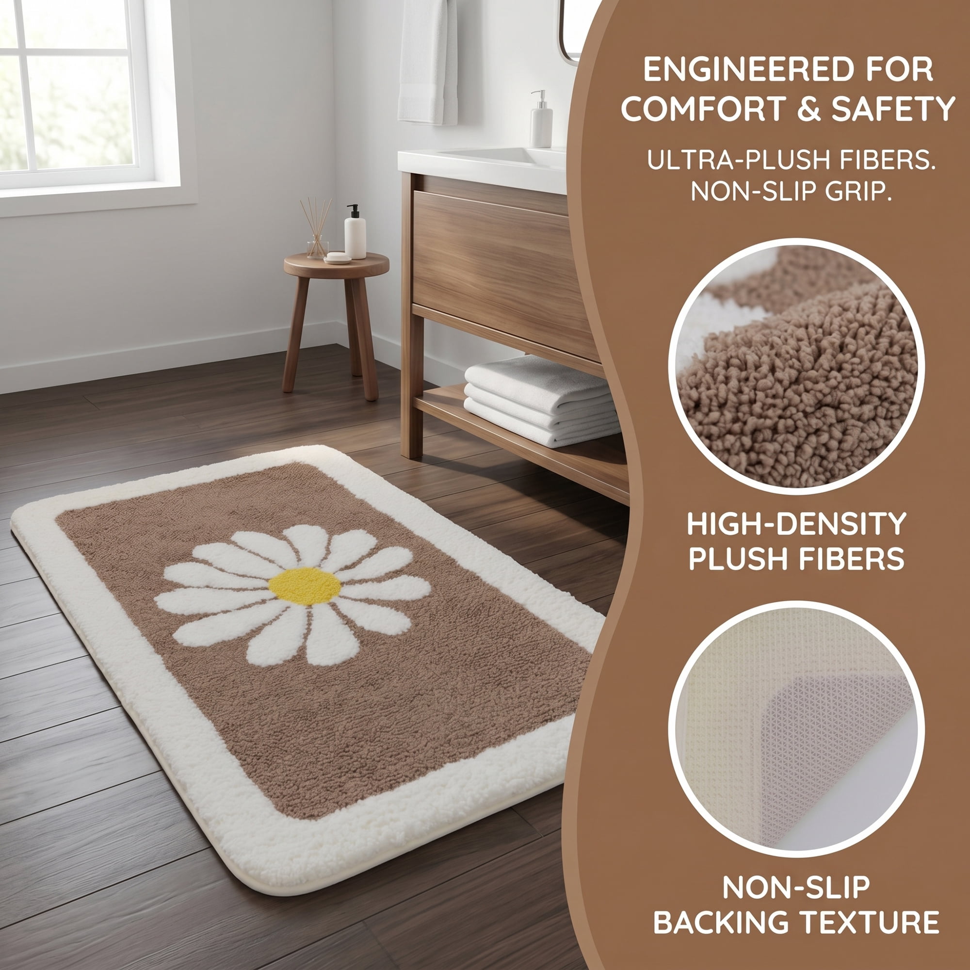 Unique Bargains Aesthetic Non Slip Ultra Soft Absorbent Shaggy Bath Mat Brown 24" x 16"