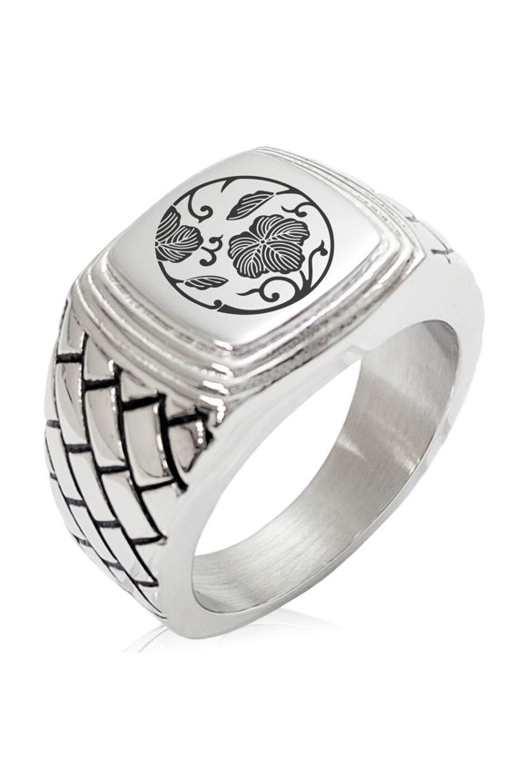 Stainless Steel Ivy Branch Kamon Crest Geometric Pattern Step-Down Biker Style Polished Ring