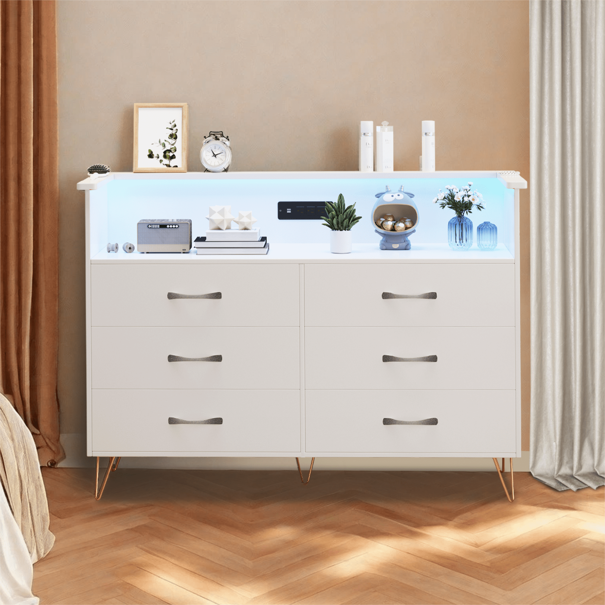 6 Drawer White Dresser with LED Lights and Charging Station,Modern Wood Dressers for Bedroom & Living Room