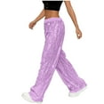 thumbnail image 4 of WULMLEO Women's Shiny Sequin Wide Leg Pants Elastic Waist Sparkly Baggy Pants Light Purple S, 4 of 6
