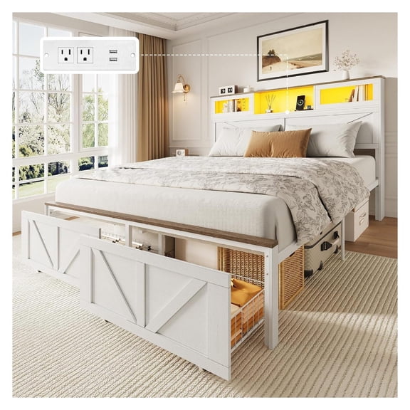 Full Size Bed Frame with Headboard White Farmhouse Platform Bed with Storage Charging