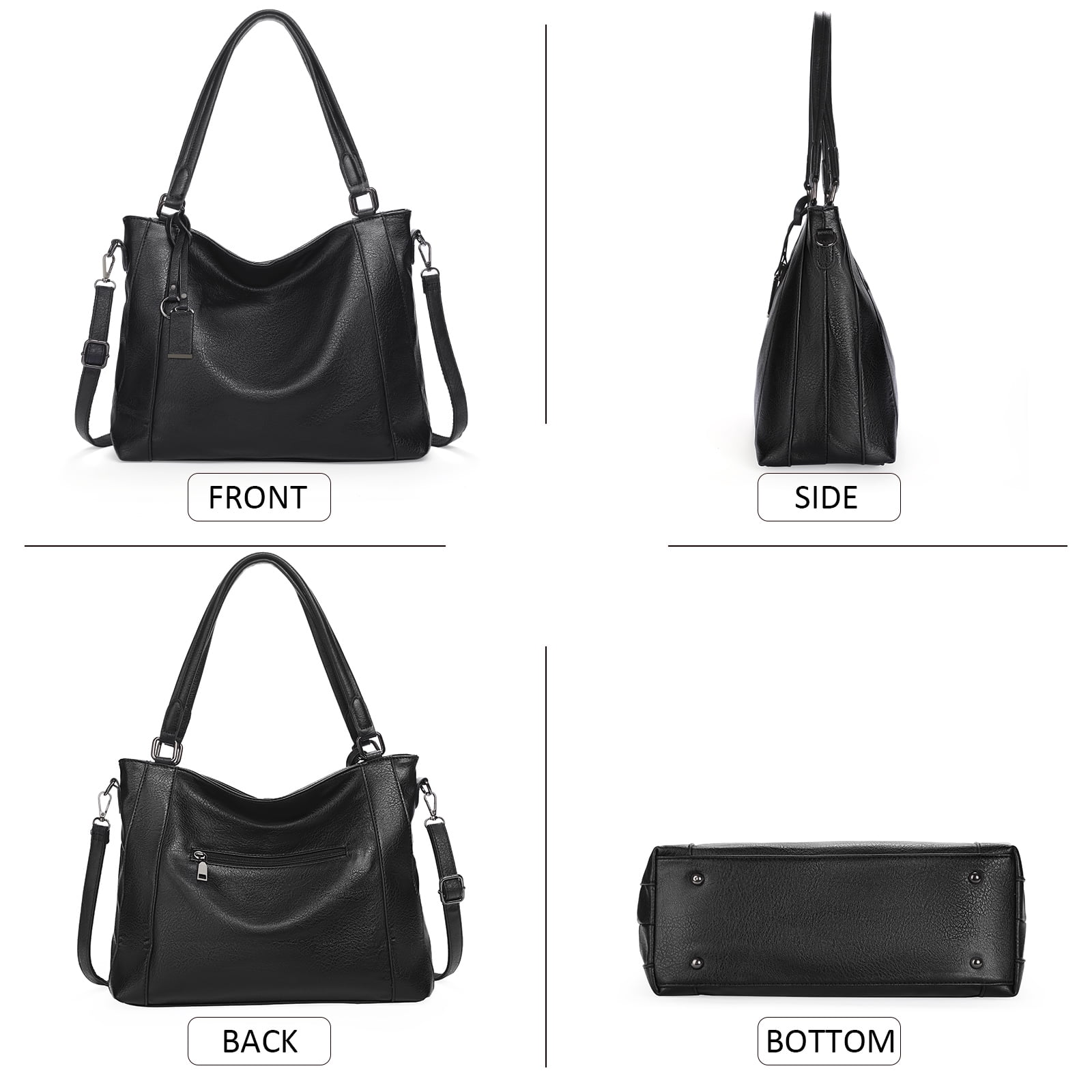 Sendefn Women's Leather Hobo Shoulder Satchel Tote Bag, Black, 2- Piece
